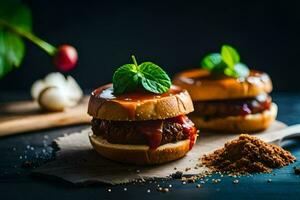 two hamburgers with sauce and spices on a wooden board. AI-Generated photo