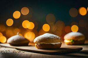 three mini sandwiches on a wooden board with lights behind them. AI-Generated photo