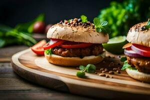 two burgers on a wooden cutting board. AI-Generated photo