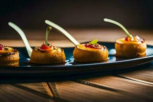 pequeño aperitivos en un negro lámina. generado por ai foto