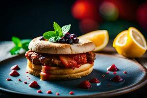 a sandwich with berries and a lemon on a plate. AI-Generated photo