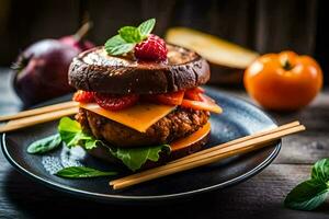 a hamburger with cheese, tomatoes and herbs on a black plate. AI-Generated photo