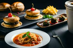 un mesa con platos de comida y bebidas generado por ai foto