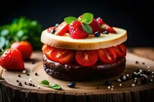 a cake with strawberries and cheese on top. AI-Generated photo