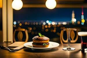 a burger and beer on a table in front of a cityscape. AI-Generated photo