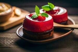 two desserts on a wooden plate with strawberries. AI-Generated photo