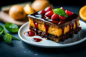 a piece of cake with chocolate sauce and strawberries. AI-Generated photo