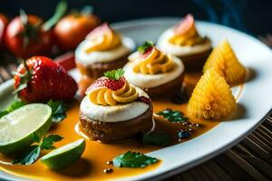 un plato con postre y Fruta en él. generado por ai foto