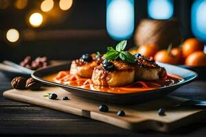 scallops with orange sauce on a wooden table. AI-Generated photo