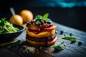 un apilar de hamburguesas con Fruta y vegetales. generado por ai foto