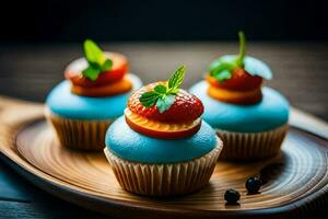 three blue cupcakes with strawberries on top. AI-Generated photo