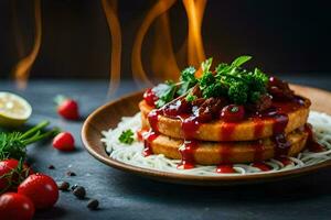 a plate with food on top of noodles and tomatoes. AI-Generated photo