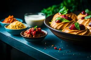 un cuenco de comida con un variedad de diferente alimentos generado por ai foto