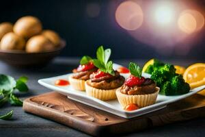 small cupcakes with fruit and vegetables on a plate. AI-Generated photo