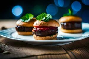 small hamburgers on a plate with mint leaves. AI-Generated photo