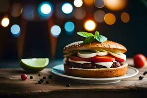 a hamburger with tomatoes and lettuce on a plate. AI-Generated photo