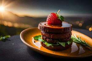 a plate with a strawberry and a burger on it. AI-Generated photo