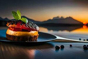 un postre en un plato con un puesta de sol en el antecedentes. generado por ai foto