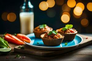 three mini cupcakes with vegetables on a blue plate. AI-Generated photo