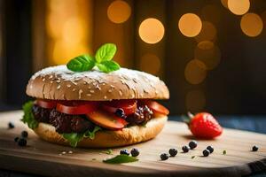 a hamburger with strawberries and tomatoes on a wooden cutting board. AI-Generated photo