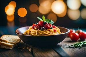 spaghetti with tomatoes and basil on a wooden table. AI-Generated photo