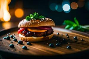 a hamburger with bbq sauce and pickles on a wooden plate. AI-Generated photo
