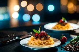 spaghetti with berries and nuts on a table. AI-Generated photo