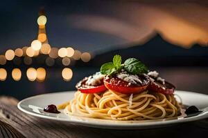 a plate of spaghetti with tomatoes and basil on a table. AI-Generated photo