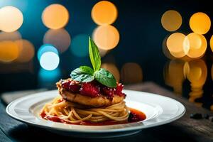 a plate of spaghetti with tomato sauce and basil leaves. AI-Generated photo