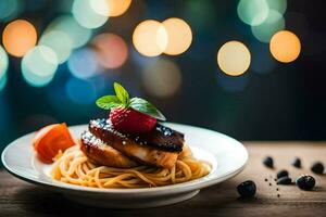 un plato de comida con espaguetis y carne en un de madera mesa. generado por ai foto