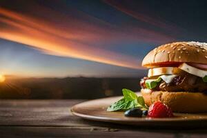 a hamburger with berries and a sunset in the background. AI-Generated photo