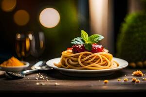 spaghetti with tomato sauce and basil leaves on a plate. AI-Generated photo