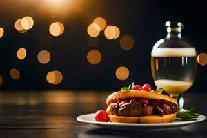 a plate with a burger and a glass of beer. AI-Generated photo