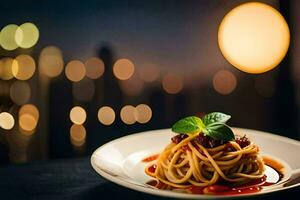 a plate of spaghetti with tomato sauce on a table. AI-Generated photo