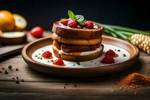 stack of pancakes on a wooden plate. AI-Generated photo