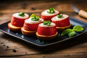 strawberries on a plate with cheese and herbs. AI-Generated photo