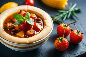 a bowl of stew with strawberries and tomatoes. AI-Generated photo