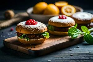 three hamburgers on a wooden cutting board. AI-Generated photo