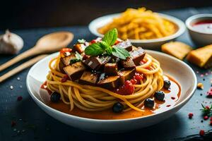 spaghetti with mushrooms and tomatoes in a bowl. AI-Generated photo