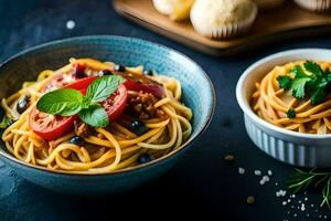 spaghetti with tomato and basil leaves in a bowl. AI-Generated photo