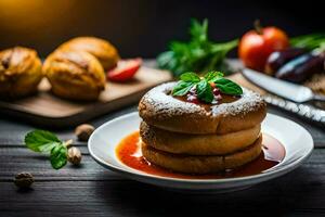 a stack of pancakes with tomato sauce on a plate. AI-Generated photo