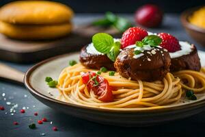 spaghetti with meatballs and tomatoes on a plate. AI-Generated photo