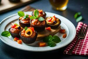 small cupcakes with vegetables and mint leaves on a plate. AI-Generated photo