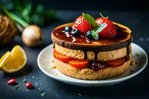 un pastel con fresas y arándanos en cima. generado por ai foto