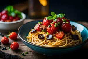 spaghetti with tomatoes and black olives in a bowl. AI-Generated photo