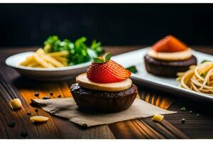 two small desserts with strawberries and pasta. AI-Generated photo