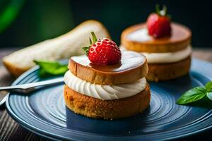 two small cakes with cream and strawberries on a blue plate. AI-Generated photo