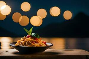 pasta in a bowl on a wooden table with bokeh lights. AI-Generated photo
