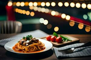 un plato de espaguetis con carne y tomate salsa en un de madera mesa. generado por ai foto