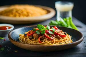 spaghetti with tomato and meat in a bowl. AI-Generated photo